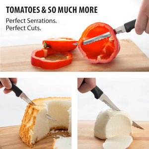 Anthem tomato knife slicing a pepper, angel food cake and cheese. Tomatoes and so much more. Perfect serrations. Perfect cuts