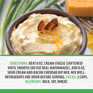 Beat 8 oz cream cheese until smooth. Add 8 oz sour cream and bacon cheddar dip. Mix well. Refrigerate one hour before serving
