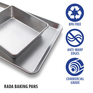 Two stacked Rada Baking Pans. BPA free. Anti-warp edges. Commercial grade.