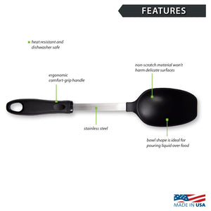 Features of a Rada Basting Spoon, non-scratch materials, ergonomic handle, bowl shape for pouring liquid.