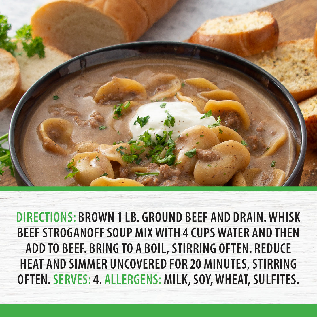 Prepared Beef Stroganoff Soup in bowl garnished with parsley and sour cream. 