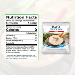 Nutrition Facts: About 12 servings per container. Serving size 1 tsp. Calories per serving 5. Sodium 115mg. Total Carbs 1g.