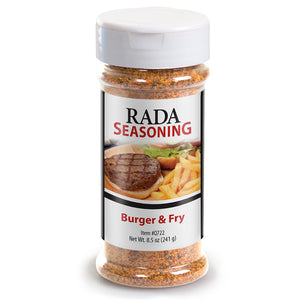 Rada Quick Mix Burger & Fry Seasoning shaker bottle package. 