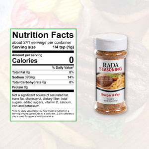 Nutrition Facts: 241 servings per container, serving size 1/4 tsp.  Calories per serving 0, total fat 0g, sodium 320 mg.