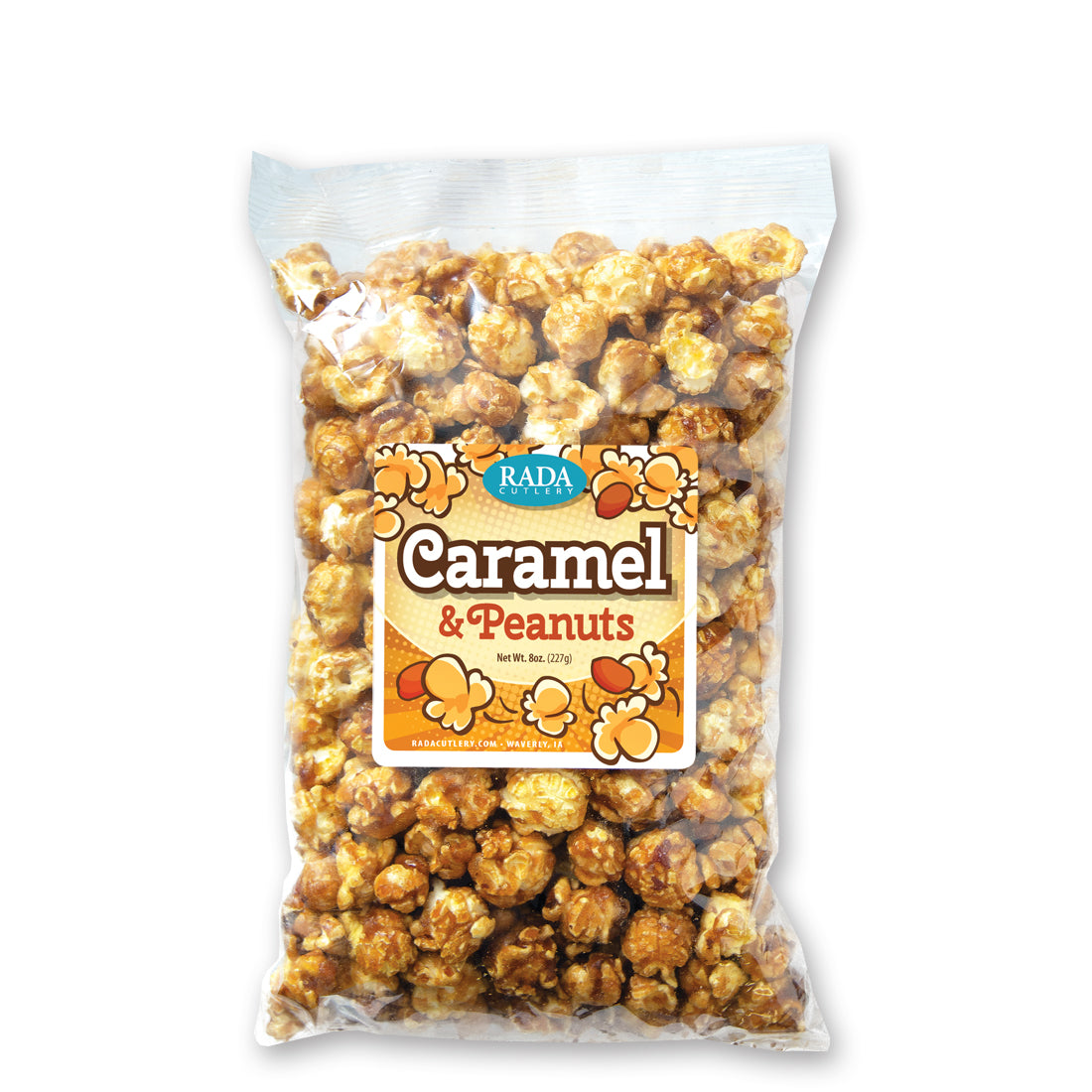 Caramel & peanut popcorn in a resealable Rada Cutlery logo bag.