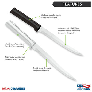 Features diagram for Carver/Boner Knife with Made in USA and Lifetime Guarantee logos. 