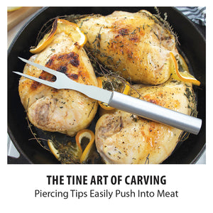 The fine art of carving. Piercing tips easily push into meat. A carving fork in pan with Rosemary and lemon chicken breasts.
