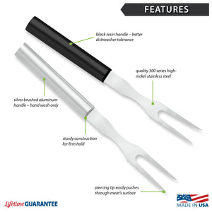 Features diagram for Carving Forks with Made in USA and Lifetime Guarantee logos. 