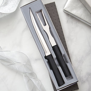 Rada Carving Gift Set with black handles with carver knife and carving fork in gray-lined gift box. 