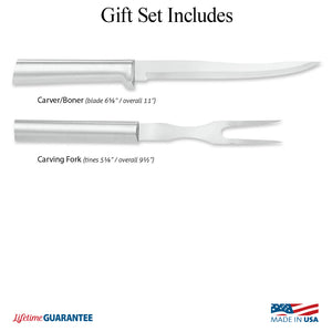 Illustration of individual components in Carving Gift Set. Made in USA & Lifetime Guarantee logos. 
