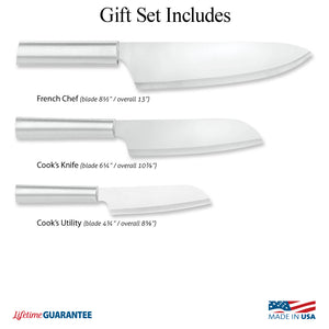 Illustration shows knives in Chef Select Gift Set and logos for Made in USA and Lifetime Guarantee. 