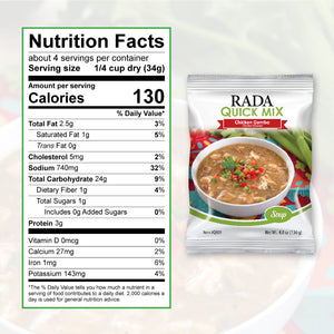 Nutrition Facts: 4 servings per container, serving size 1/4 cup dry. Calories per serving 130, total fat 2.5g, sodium 740mg