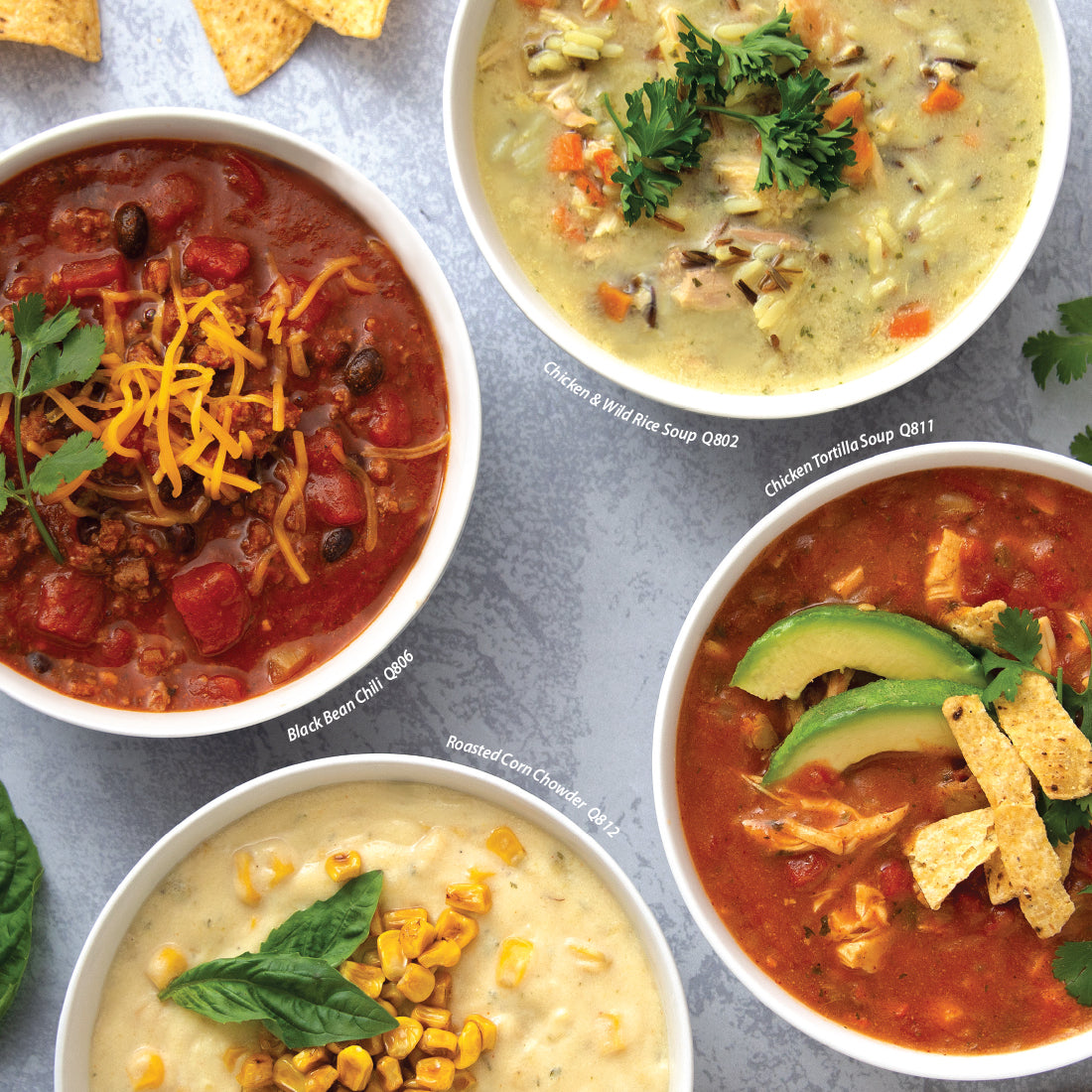 Four bowls of prepared Rada Quick Mix soups