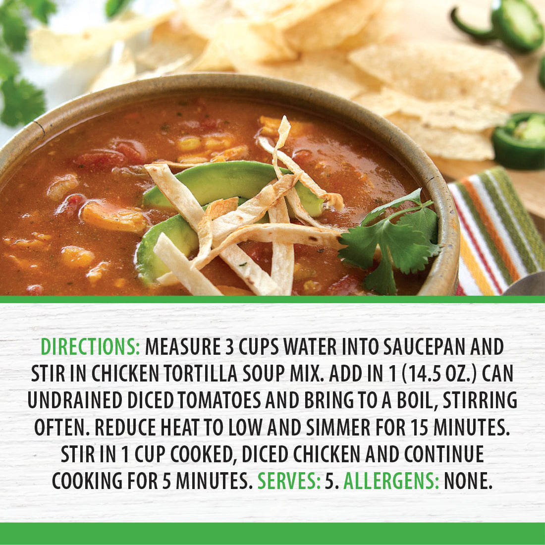 Prepared Chicken Tortilla Soup in a bowl garnished with avocado slices, tortilla strips, and parsley