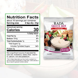 Nutrition Facts: 16 servings per container, serving size 2 tsp. dry. Calories per serving 30, total fat 0g, sodium 10 mg.