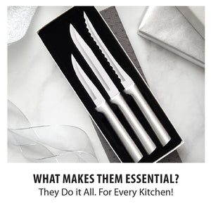 A gift  boxed set of three kitchen knives. What makes them essential? They do it all. For every kitchen!