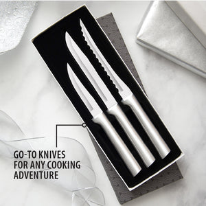 Gift box of kitchen cutlery consisting of a paring, utility/steak and tomato slicer. Go-to knives for any cooking adventure.