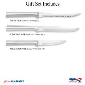 Illustration of 3 knives in Cooking Essentials Gift Set and Made in USA and Lifetime Guarantee logos
