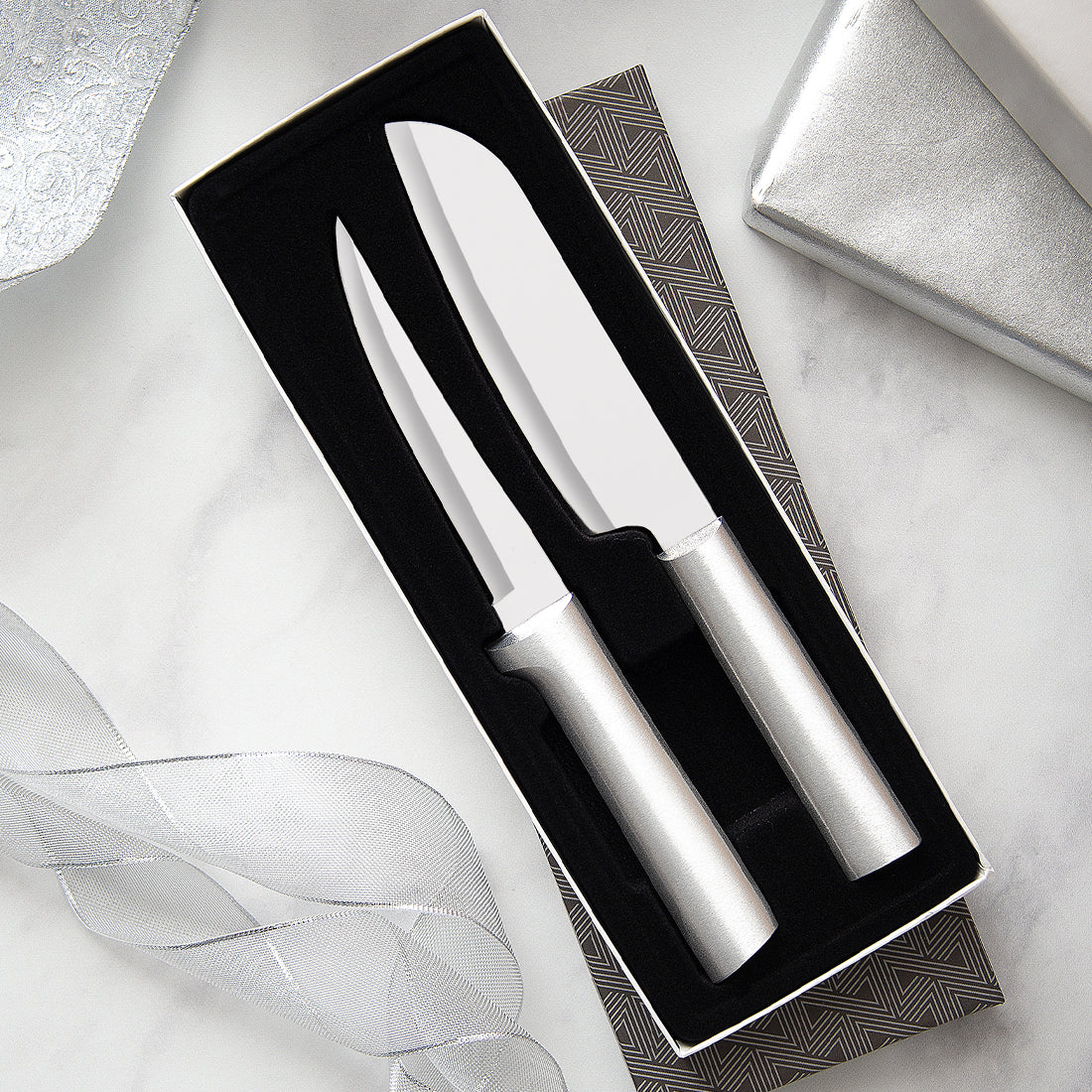 Rada Cutlery Cook's Choice Gift Set with silver handles in a black-lined gift box 