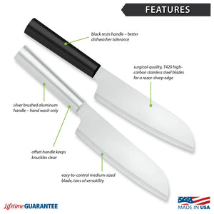 Features diagram for Cook's Knife with Made in USA and Lifetime Guarantee logos