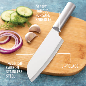 Cook's knife on cutting board. Offset handle for safe knuckles. T420 high-carbon stainless steel  6 1/4 inch blade. 