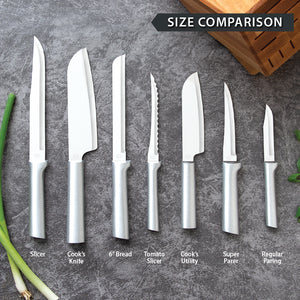 Rada Cutlery silver handle knives laid side by side for size comparison