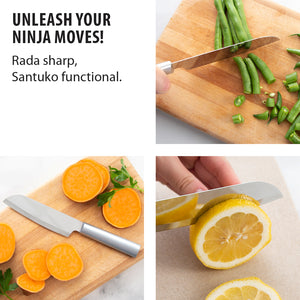 Unleash your Ninja moves. Rada sharp, Santoku functional. Cooks Utility knife slicing green beans, lemon and sweet potatoes.