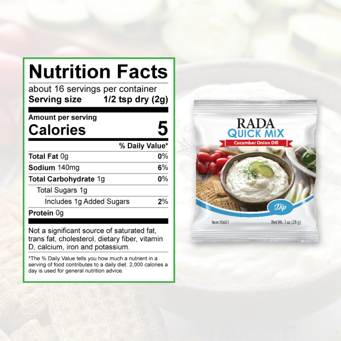 Nutrition Facts: 16 servings per container, serving size 1/2 tsp. dry. Calories per serving 5, total fat 0g, sodium 140 mg.