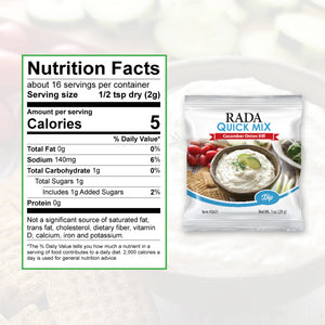 Nutrition Facts: 16 servings per container, serving size 1/2 tsp. dry. Calories per serving 5, total fat 0g, sodium 140 mg.