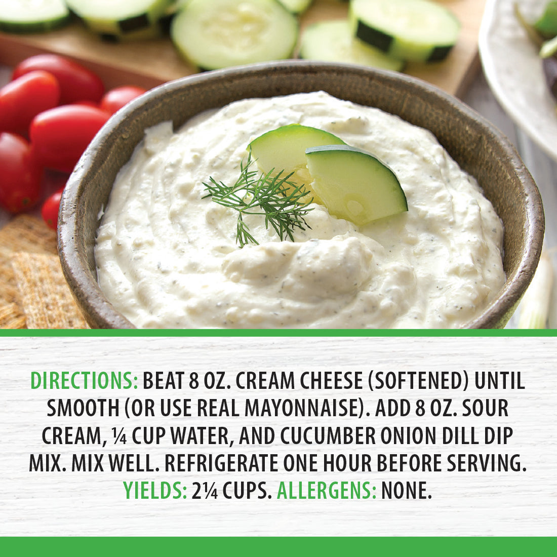 Cucumber Onion Dill Dip mixed with sour cream and served with crackers and veggies. 