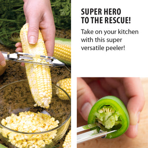 Peeler cutting corn and deseeding a pepper. Super hero to the rescue! Take on your kitchen with this super versatile peeler!