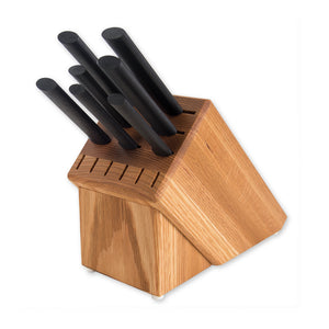 Essential Oak Block Gift Set with seven black-handled knives. 