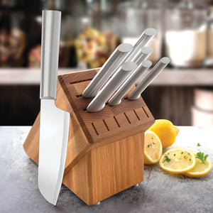 Rada Cutlery Essential Oak Block Gift Set with seven silver-handled knives