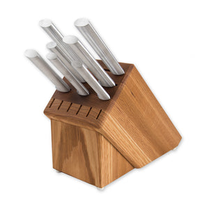 Essential Oak Block Gift Set with seven silver-handled knives. 