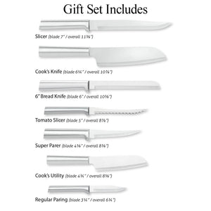 Illustration showing blade and overall lengths for knives included in Essential Oak Block Gift Set 
