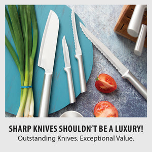 Sharp knives shouldn't be a luxury! Outstanding Knives. Exceptional Value. 4 silver handled knives next to sliced tomatoes.