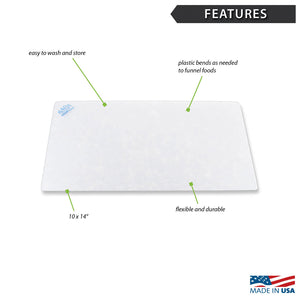 Features diagram of large plastic cutting board with Made in USA logo. 