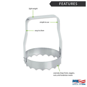 Features diagram for serrated Food Chopper with Made in USA logo 