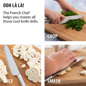 Ooh la` la`! The French Chef helps you master all those cool knife skills. Chop herbs, slice cauliflower, smash garlic.