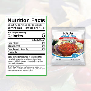 Nutrition Facts: 32 servings per container, serving size 1/4 tsp. dry. Calories per serving 5, total fat 0g, sodium 70 mg.