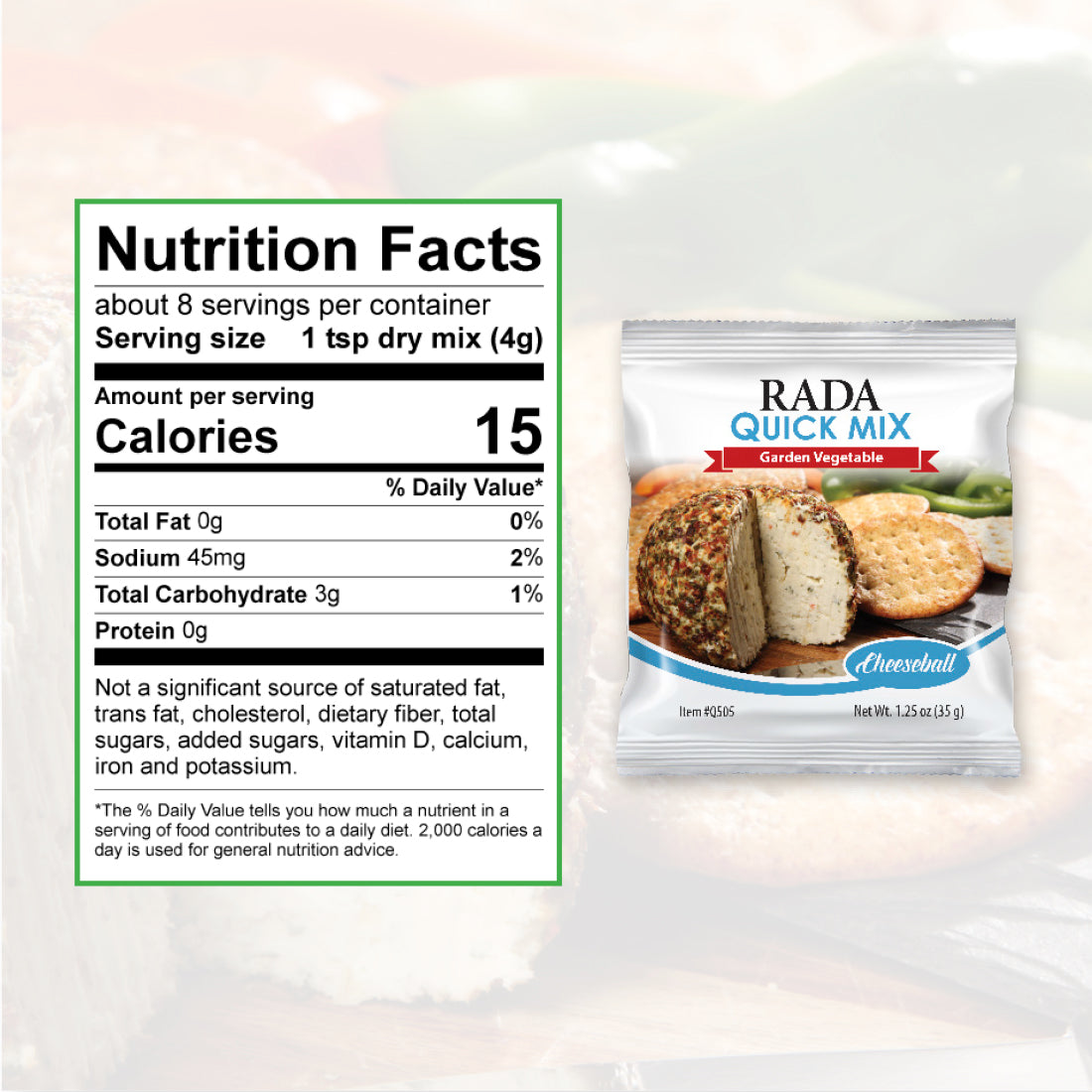 Nutrition Facts: 8 servings per container, serving size 1 tsp. dry. Calories per serving 15, total fat 0g, sodium 45 mg.