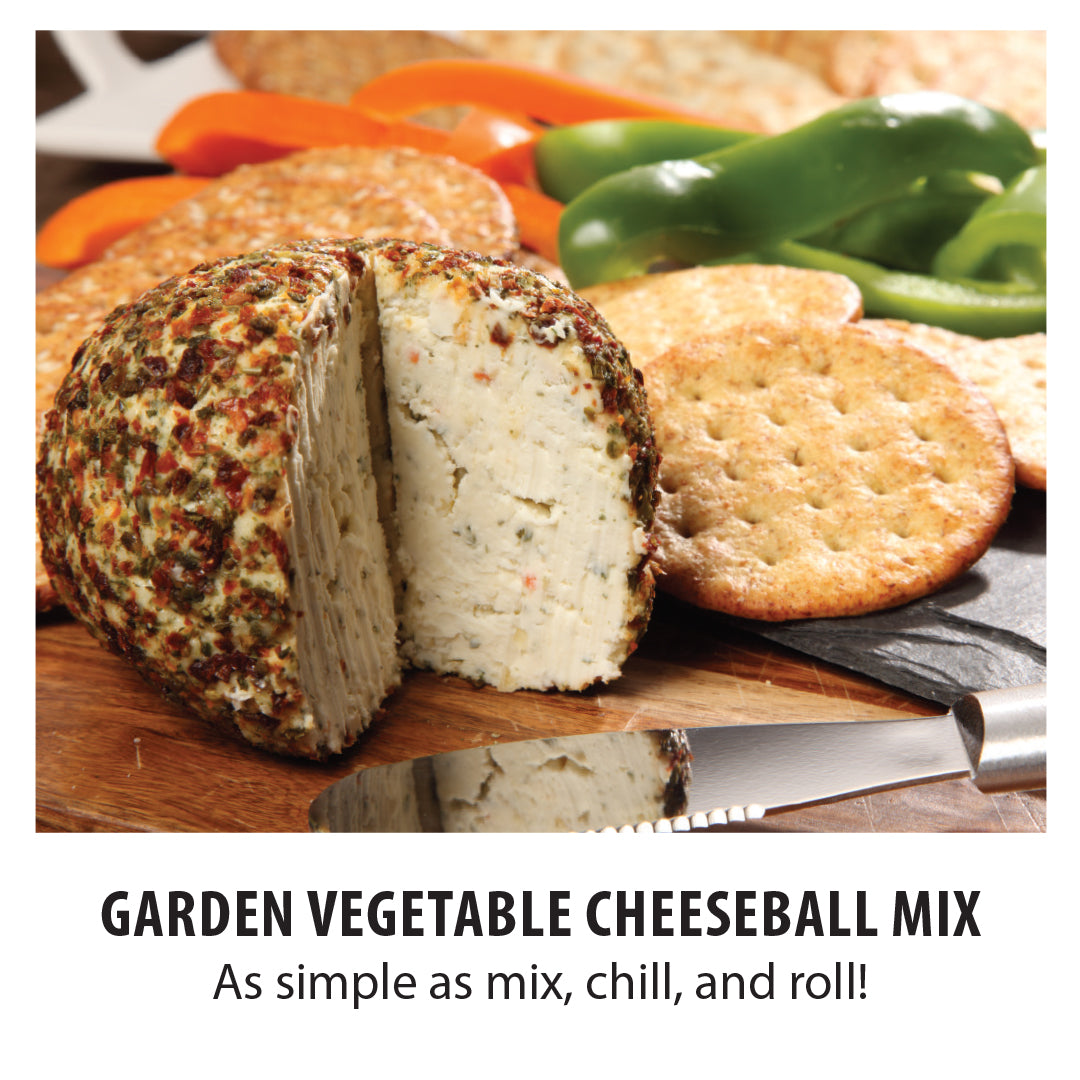 Garden Vegetable Cheeseball prepared with cream cheese served with crackers and veggies