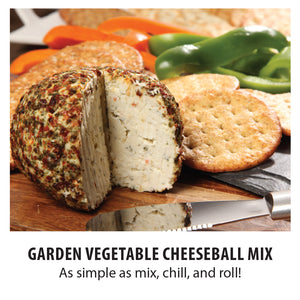Garden vegetable cheeseball mix. As simple as mix, chill, and roll! A cheeseball ready to serve with crackers and spreader.