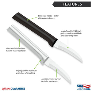Features diagram for Granny Paring Knife with Made in USA and Lifetime Guarantee logos