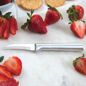 Aluminum-handled Granny Paring Knife with curved blade by sliced strawberries
