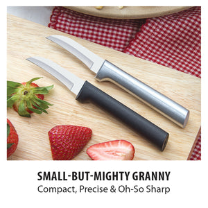 Slicing strawberries with two Rada granny paring knives. Small-but-mighty granny. Compact, precise and Oh-so sharp.