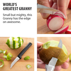 World's greatest granny. Small but mighty, this Granny has the edge on awesome. Slicing radishes. Peeling a kiwi and lime.