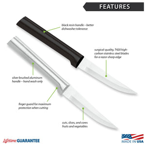 Features diagram for Heavy Duty Paring knife with Made in USA and Lifetime Guarantee logos. 