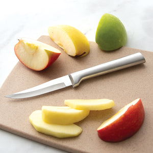 Rada Cutlery Heavy Duty Paring knife with silver handle showing sliced apples. 
