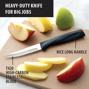Paring knife surrounded by sliced apples. Heavy-duty knife for big jobs. Nice long handle. T420 high-carbon stainless blade. 